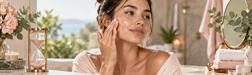 Woman applying skincare beside an hourglass timing cue
