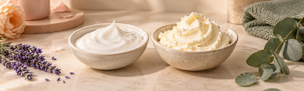 Lightweight body lotion and rich whipped body butter textures side by side