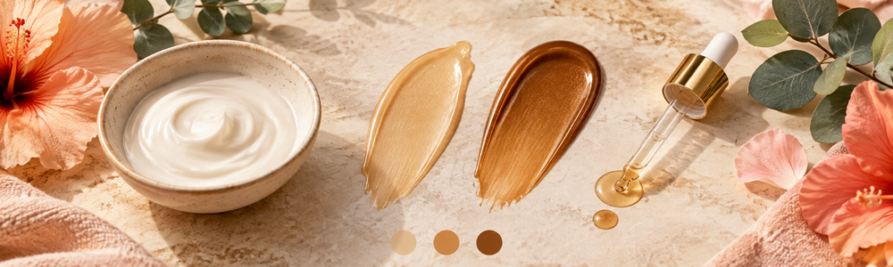 Light and deep bronze cosmetic swatches comparing sunless tanning formats