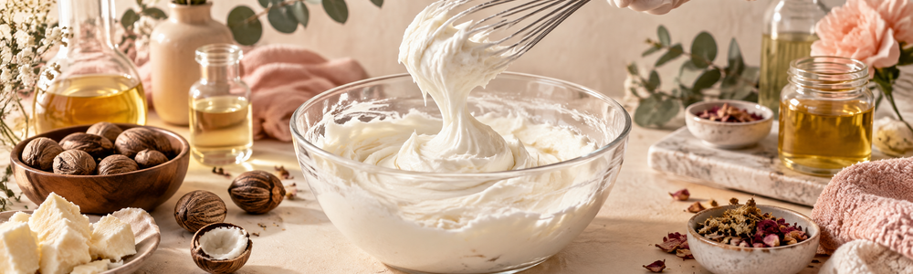 Small-batch whipped body butter being mixed with botanical oils