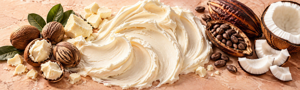 Whipped body butter texture with shea, cocoa and coconut botanicals