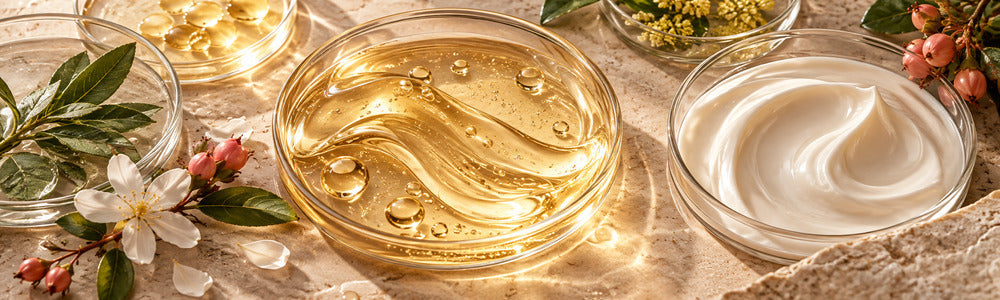 Golden firming serum and cream textures with antioxidant botanicals