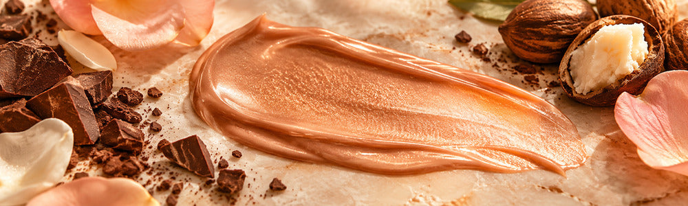 Bronze shimmer lotion texture with cocoa, shea and soft petals