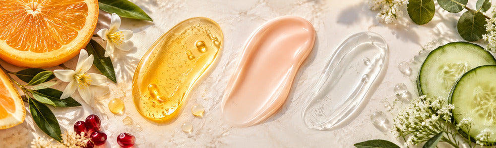Vitamin C, firming and eye serum textures with citrus and cucumber