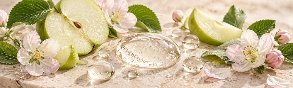 Green apples, blossoms, and clear serum texture in a botanical skincare still life