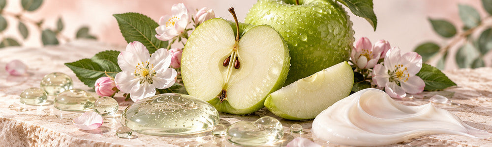 Apple plant-cell skincare textures with green apples and blossoms