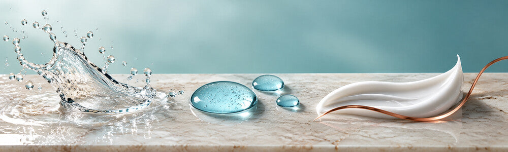 Blue serum and cream textures arranged to illustrate skincare layering