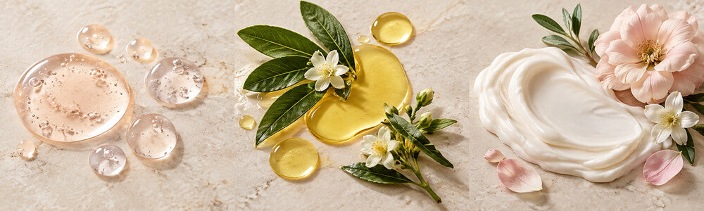 Three neutral clean beauty ingredient and texture groupings