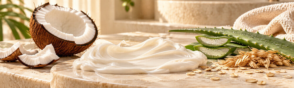 Body lotion texture with coconut, aloe and oat