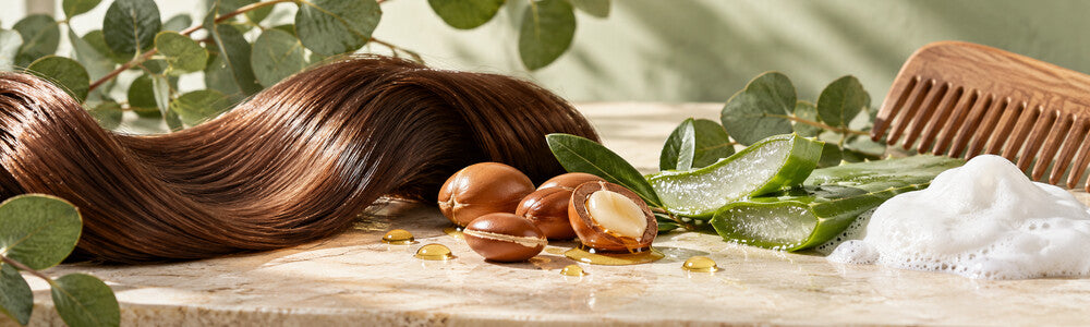 Organic hair care ingredients with argan oil, aloe, cleansing foam and healthy hair