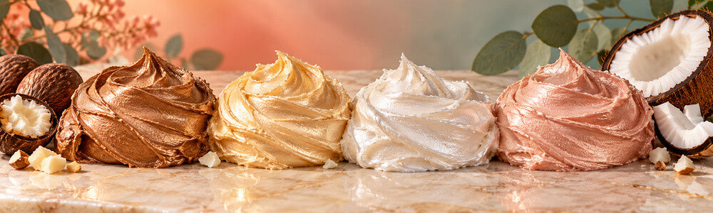 Four shimmer body butter textures in bronze, gold, diamond and rose gold
