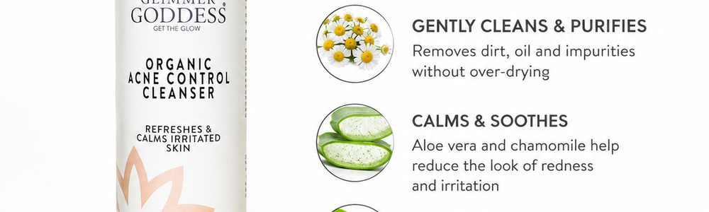 Glimmer Goddess Organic Acne Cleanser featured in a gentle skincare guide for acne-prone skin.