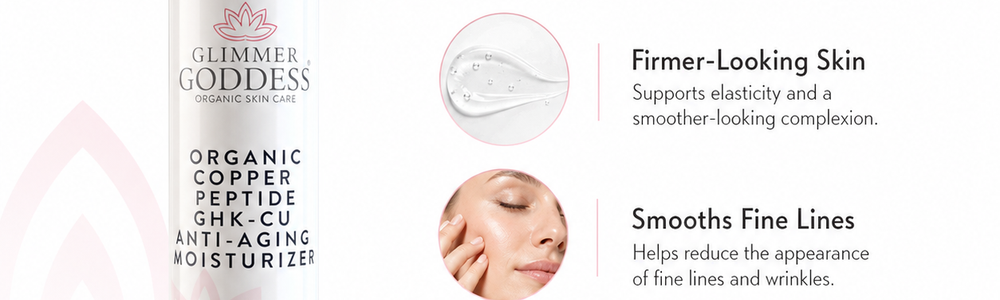 Glimmer Goddess Organic Copper Peptide Moisturizer featured in a guide to neck wrinkles and skincare.
