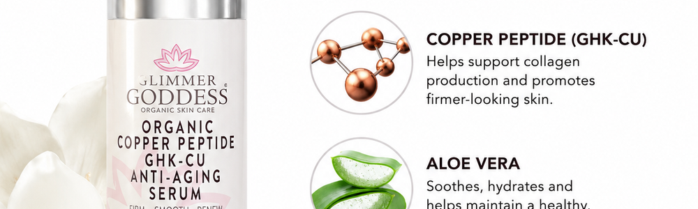 Glimmer Goddess Copper Peptide Serum in a branded article banner