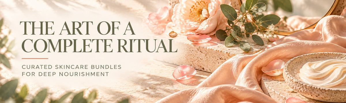 The Art of a Complete Ritual — curated skincare bundles for deep nourishment, Glimmer Goddess luxury editorial banner without product packaging