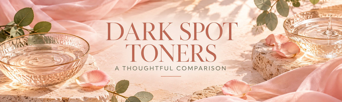 Dark Spot Toners — A Thoughtful Comparison, peach luxury spa editorial with petals and water bowls