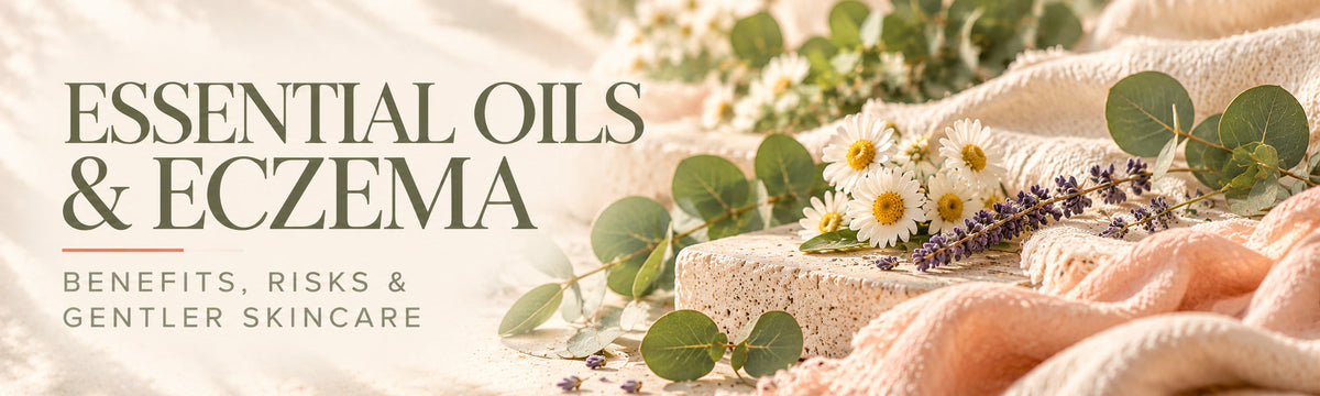 Essential Oils & Eczema — Benefits, Risks & Gentler Skincare, botanical editorial with lavender, chamomile and eucalyptus