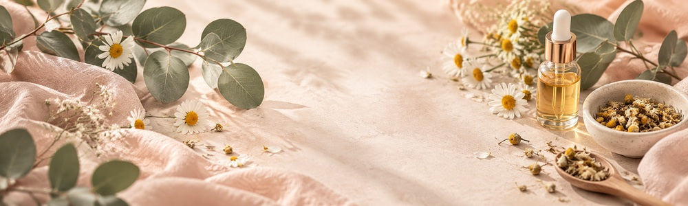 Warm botanical spa flat lay with chamomile flowers and eucalyptus on a peach background — essential oils and eczema skin care guide