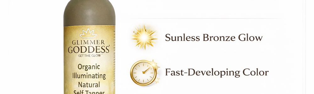 Glimmer Goddess Organic Self Tanner Fast Bronze Glow featured in a guide to even self-tanner preparation, application and aftercare.