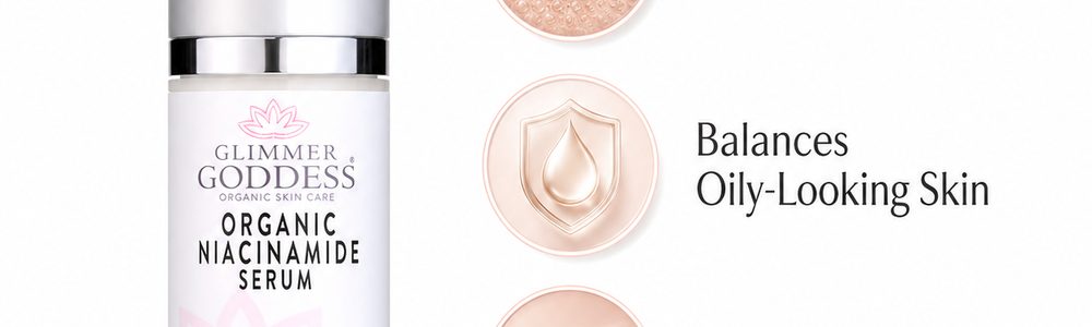 Glimmer Goddess Niacinamide Serum 5% featured in a guide to pores, uneven tone and aging skin.