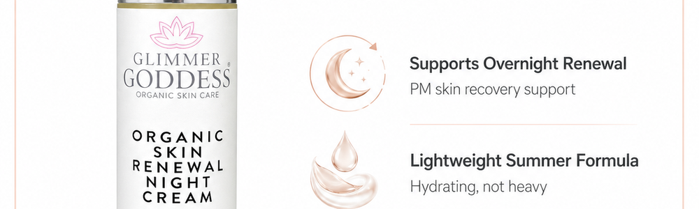 Glimmer Goddess Organic Skin Renewal Night Cream featured in a guide to choosing an anti-wrinkle night cream.
