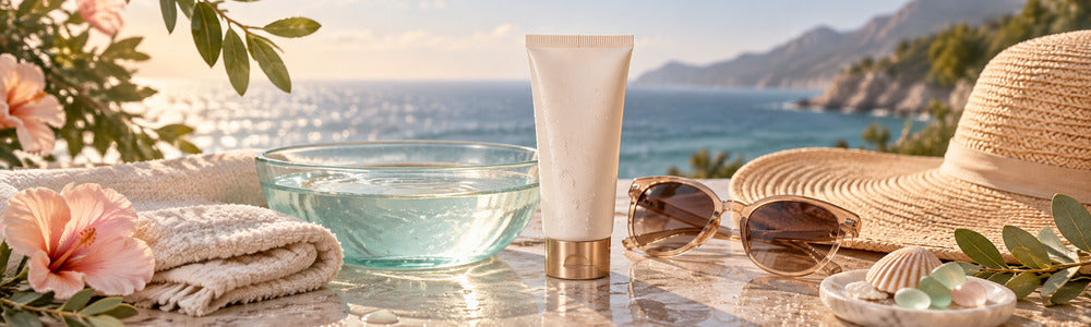 Ocean-water skincare essentials with sunscreen and towel
