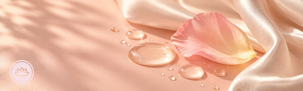 Glimmer Goddess pink editorial skincare texture with serum droplets and lotus mark for dark spot evidence guide.