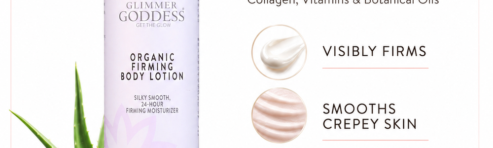 Glimmer Goddess Organic Firming Body Lotion featured in a guide to choosing lotion for crepey-looking skin on the arms and legs.
