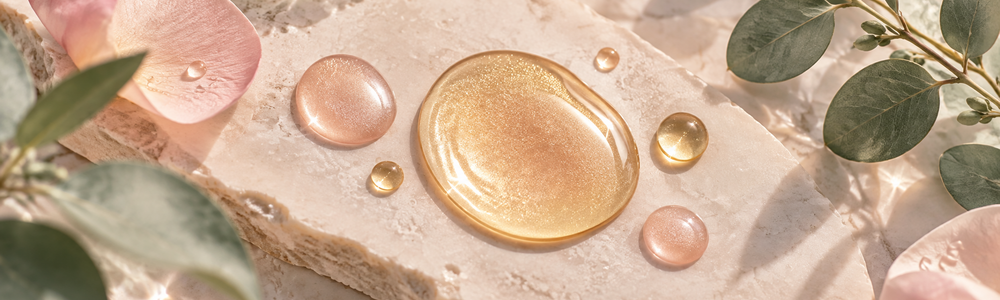 Golden and pearlescent shimmer oil droplets in a botanical editorial
