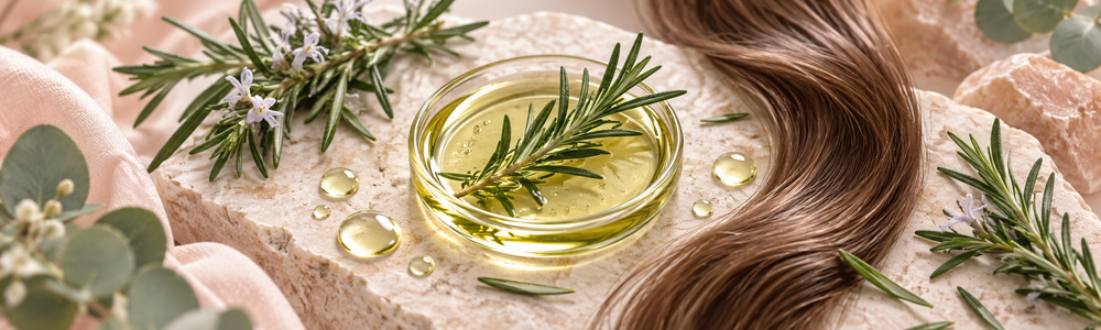 Rosemary sprigs, botanical oil and glossy hair in a warm editorial