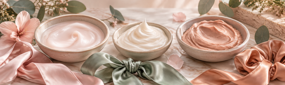 Three conditioning cream textures representing rinse-out, leave-in and deep conditioner