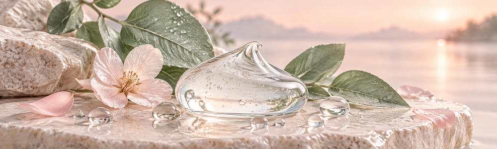 Clear hyaluronic acid gel and water droplets with dewy botanical leaves