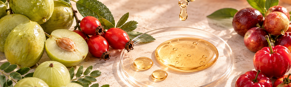 Vitamin C-rich fruits and golden serum droplets in a bright botanical editorial
