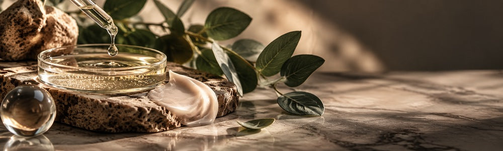 Luxurious serum droplets and silky skincare cream on textured stone with eucalyptus and warm champagne-taupe lighting