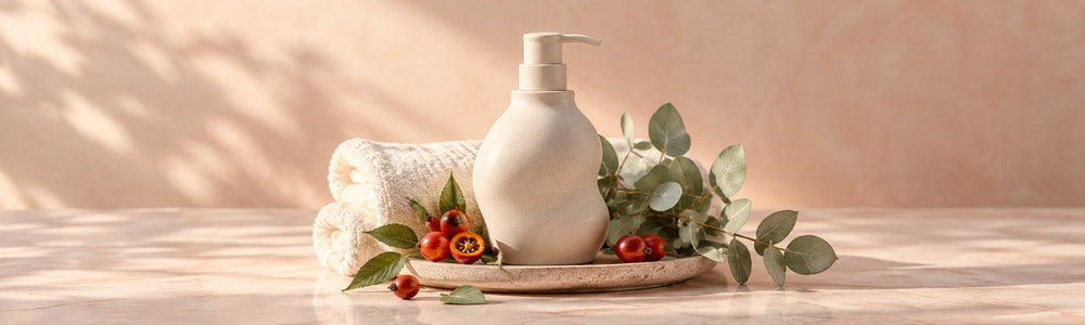 Firm-looking skin care ritual with moisturizer, rosehip, and eucalyptus