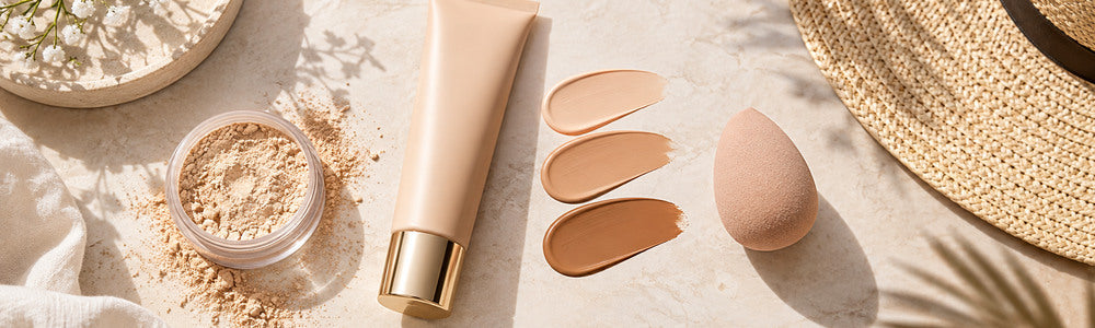 CC cream shade swatches, makeup sponge, and sun hat