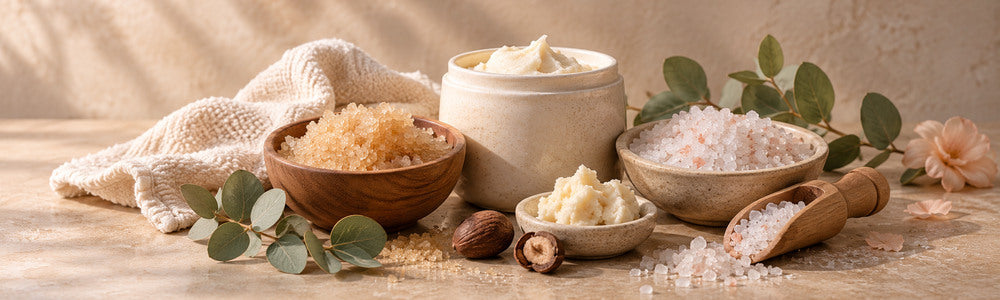 Gentle body exfoliation ingredients with sugar, salt, and shea butter