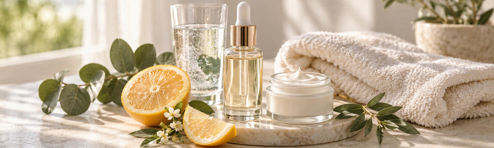 Morning skin care still life with serum, moisturizer, water, and citrus