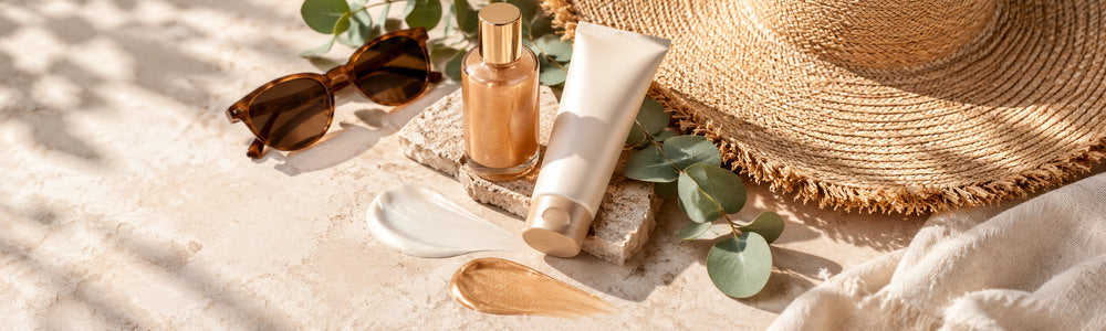 Sun care and shimmer glow still life with hat and sunglasses