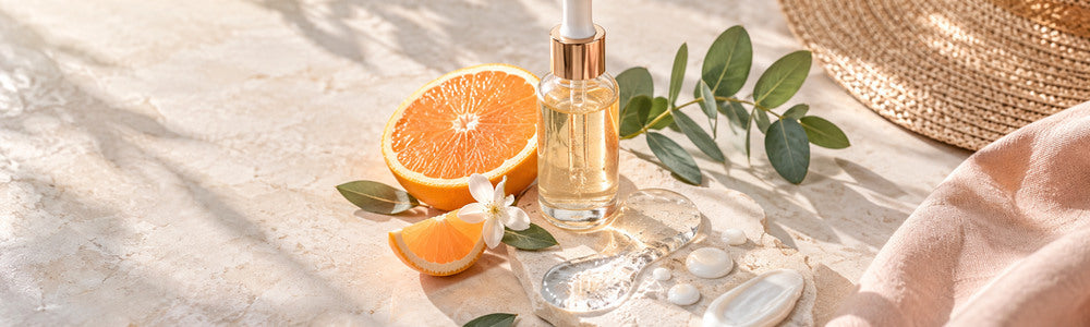 Unlabeled serum and cream textures with citrus and botanicals for a brightening skincare routine