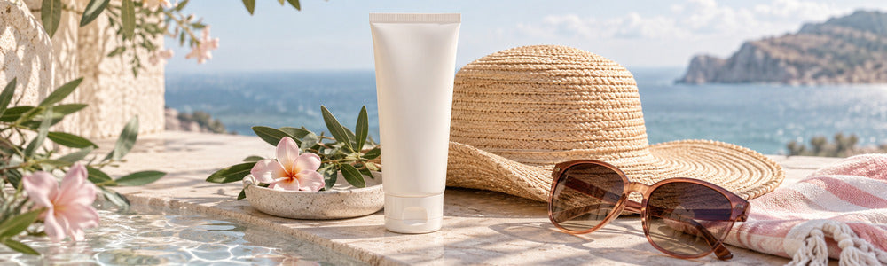 Sunscreen selection still life with hat, sunglasses, and ocean backdrop
