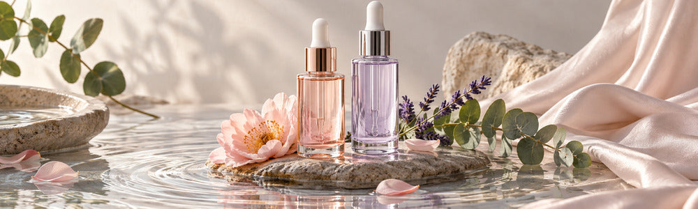 Two facial serums with water, silk, and botanical accents