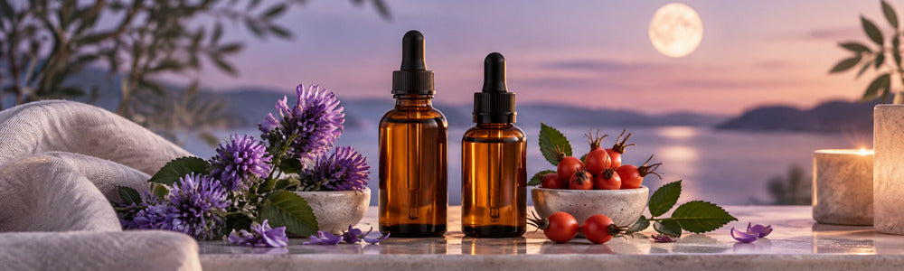 Vitamin A and botanical serum still life with rosehips at dusk