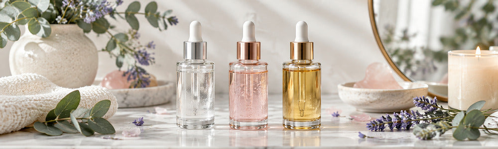 Three facial serums arranged by texture for a layering routine
