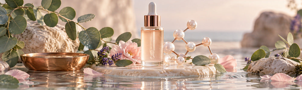 Peptide serum still life with pearl-like molecular structure