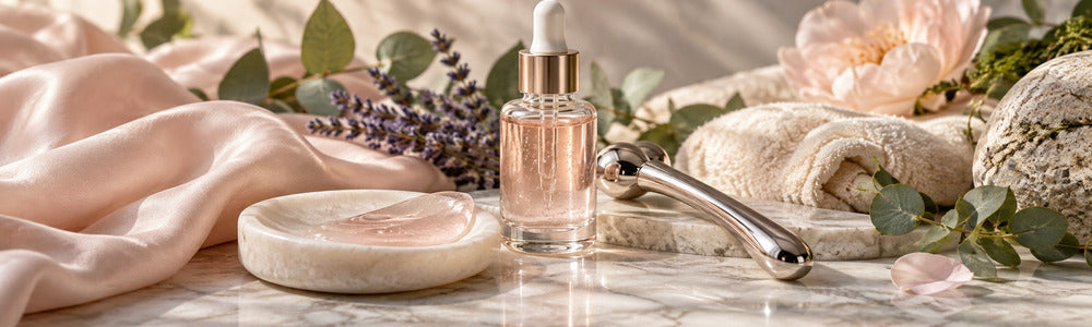Eye serum and cooling roller illustrating temporary firming effects