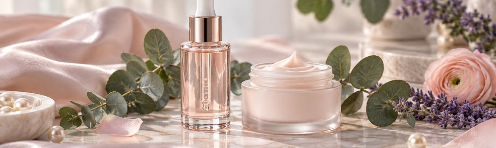 Eye serum and eye cream textures arranged side by side