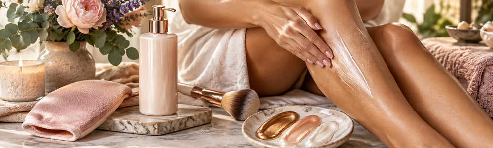 Shimmer body lotion application with blending tools and glow swatches