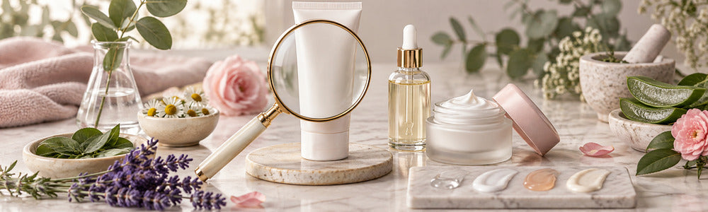 Magnifying glass with unlabeled skincare containers in a calm botanical setting
