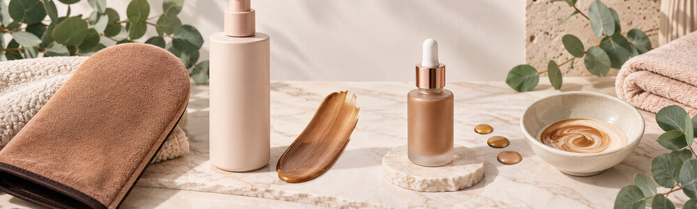 Self-tanner lotion and drops with application mitt and mixing dish